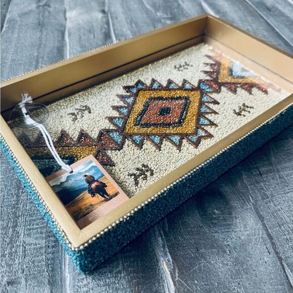 Southwest Western Aztec Tribal Beaded Blue Tan Brown Decor Serving Decor Tray - Picture 6 of 11